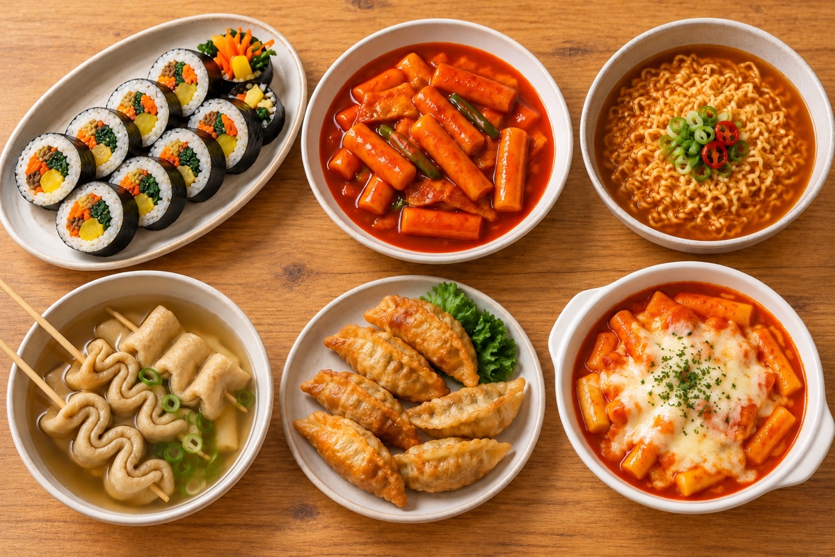 Illustrative gimbap, rice cakes, noodles, fish cake soup and dumplings from the fictional MenuNori shop